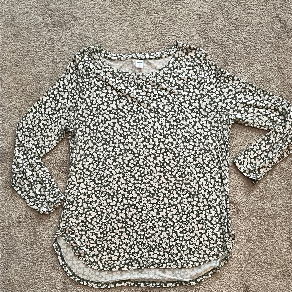 Old Navy Olive Green and Cream Floral Luxe 3/4 Sleeve Scoop Neck Top-size M, EUC